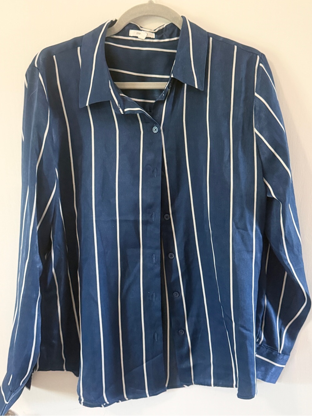 Women's Navy Blue Vertical Stripe Button-Up Shirt